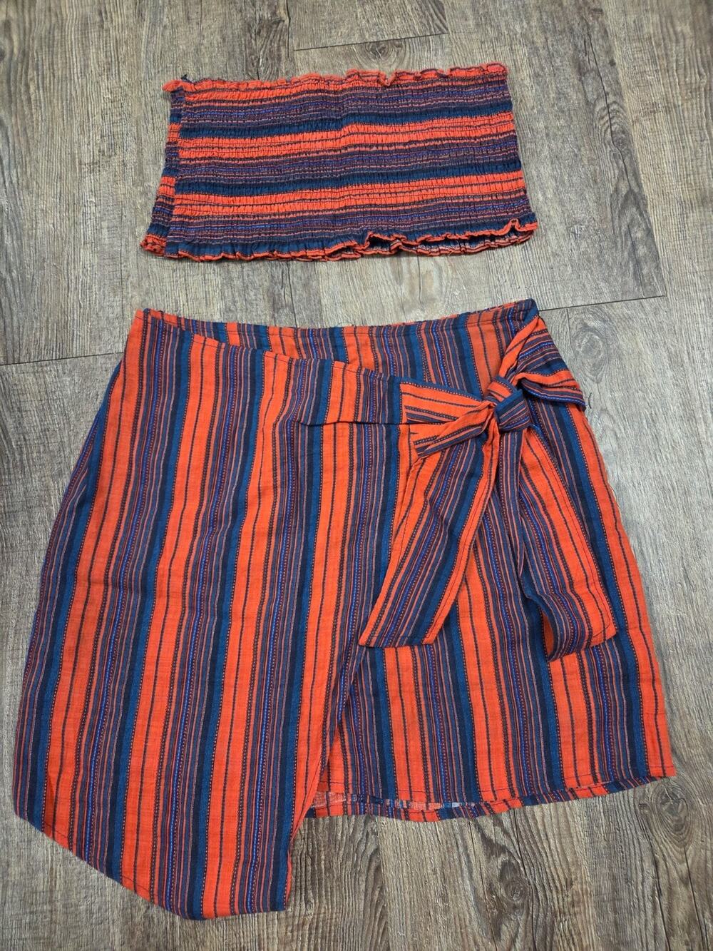 Vestique Navy Blue Orange/Red Tube Top Skirt Set Linen Blend Small Outift